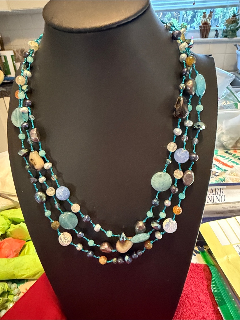 Multi-Strand 17 1/2”-21 1/2” glass beaded Necklace hand knotted great condition